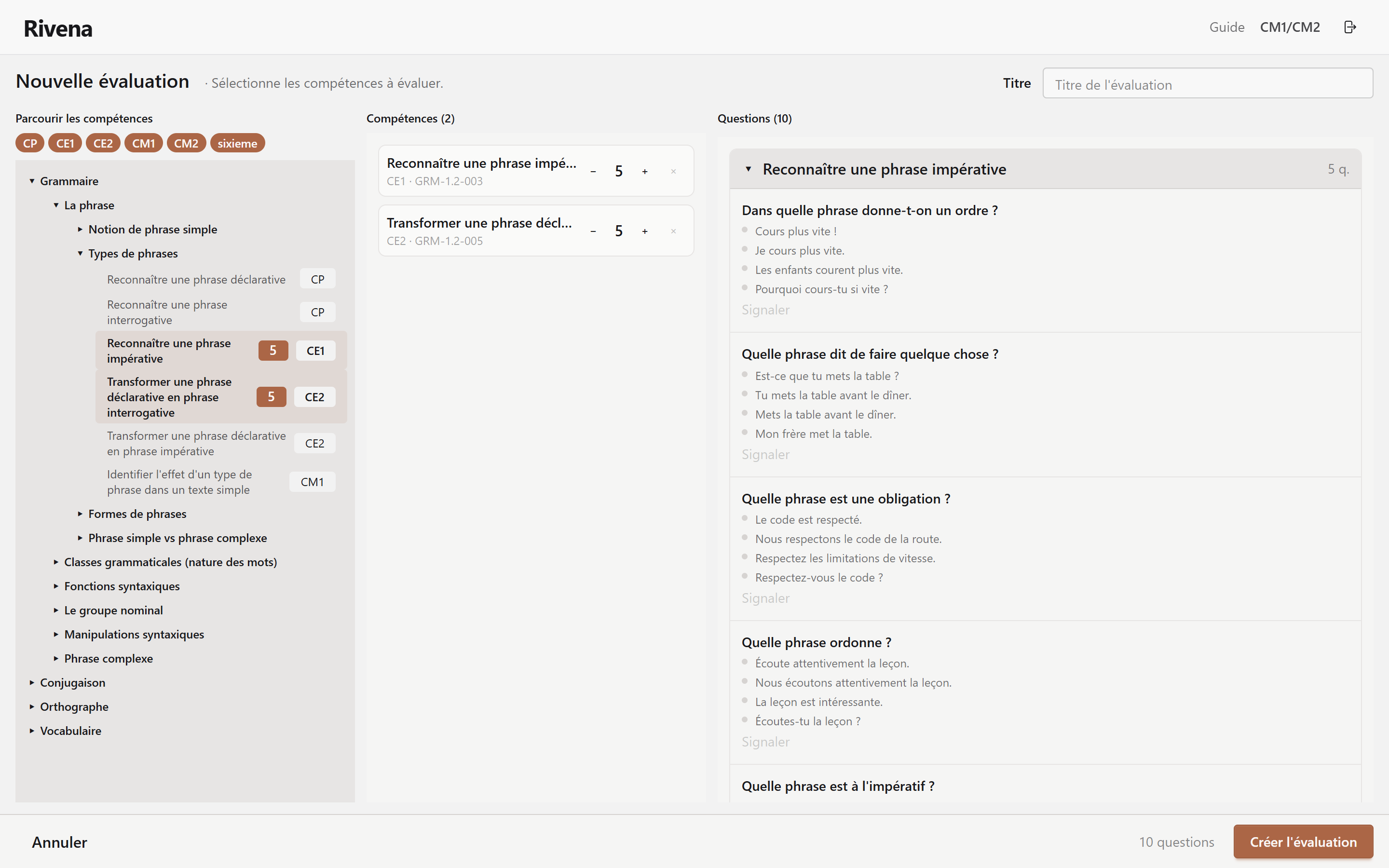 Interface enseignant Rivena — Résultats par compétence